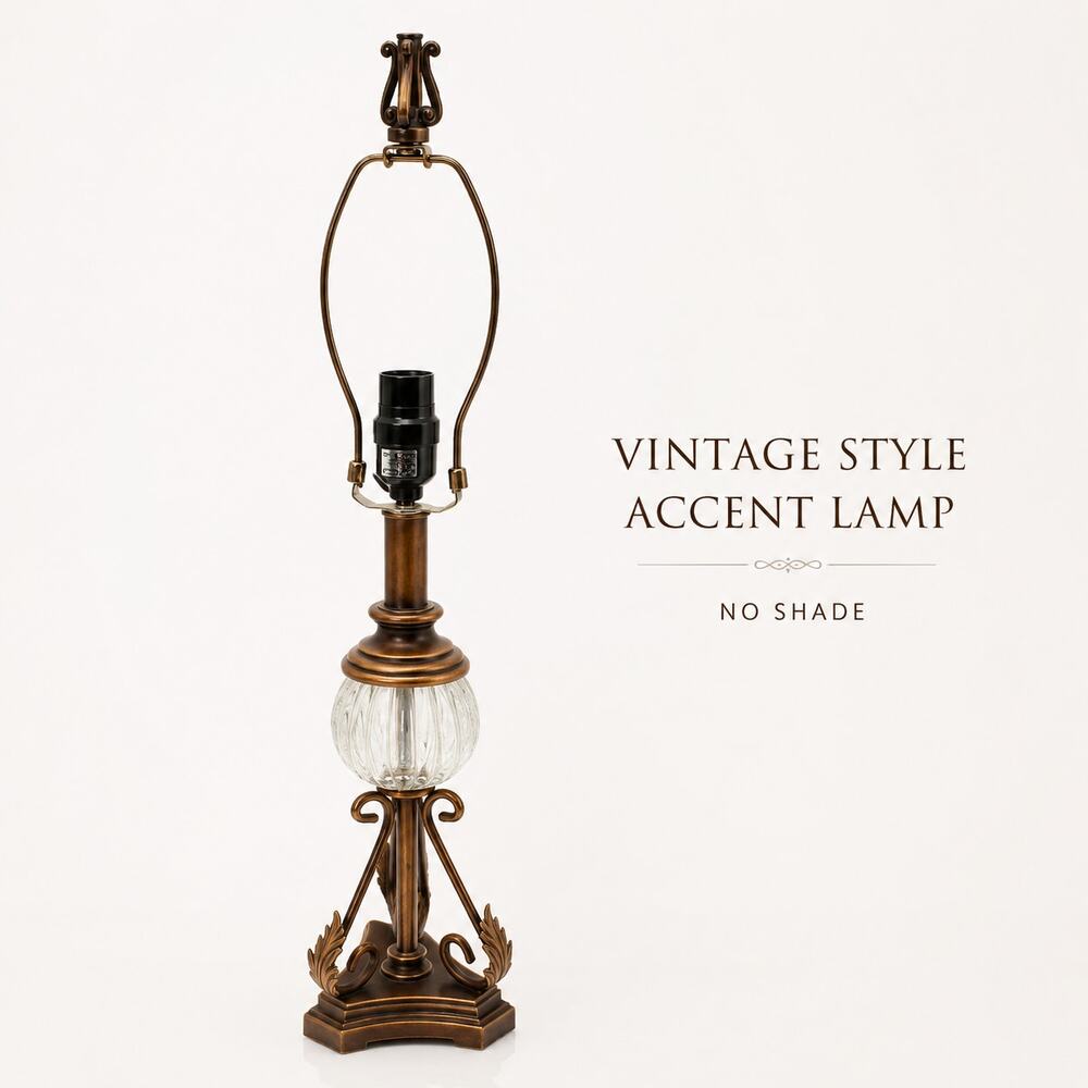 Vintage Style Bronze Accent Lamp Ribbed Glass Hollywood Regency No Shade